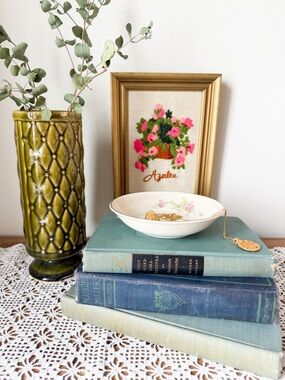 Vintage Cottagecore Decor Bundle |Embroidery, Green Vase, Doily, Dish, Books